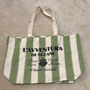 Sezane Green and Cream Striped Tote Bag